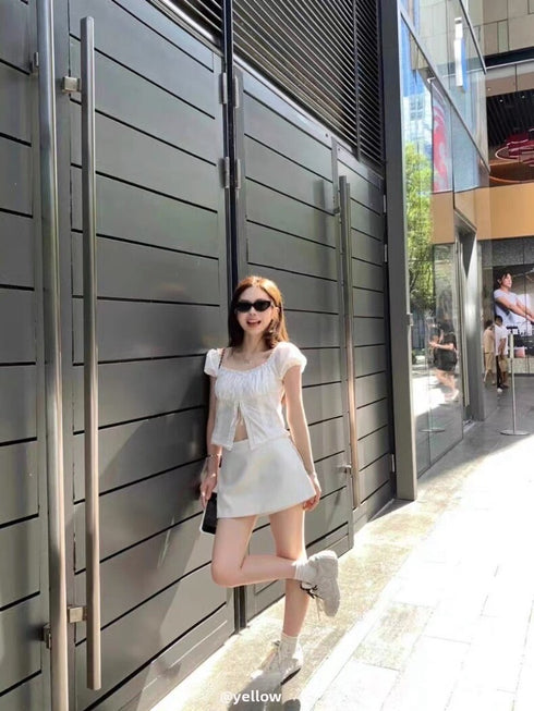 Summer Square Neck Lace Ribbon Puff Sleeves Blouse